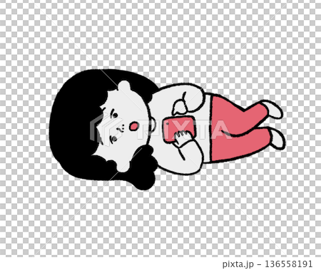 寝転がってスマホを操作する女の人(赤色) 136558191