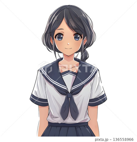 セーラー服を着た笑顔の女子学生のイラスト 日本人 中学生 高校生 夏服 新学期 清潔感 白背景 136558966