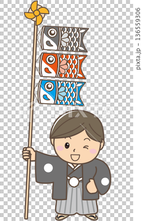 こどもの日に鯉のぼりを持つ和装の男の子キャラクターイラスト 136559306