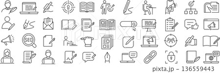 ベクターでモノクロのコピーライティングに関する線画アイコンセット 136559443