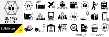 ベクターのサプライチェーンに関するシルエットアイコンセット ベクターのサプライチェーンに関するシルエットアイコンセット 136559448