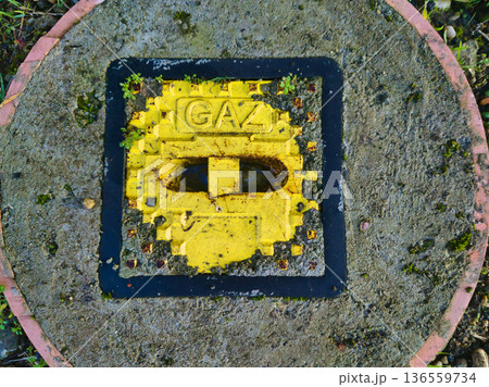 Budapest GAZ Gas Utility Marker Detail at Pongratz Gergely ter Close Up Yellow Metal Service Hatch in Concrete Urban Maintenance Infrastructure Macro Hungary 136559734