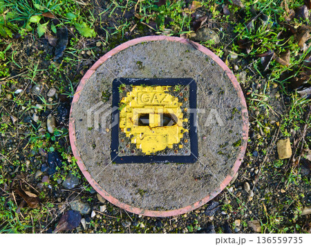 Budapest Yellow GAZ Gas Utility Cover in Concrete Manhole with Pink Rim at Pongratz Gergely ter Hungary Urban Infrastructure and Industrial Maintenance Detail Background 136559735