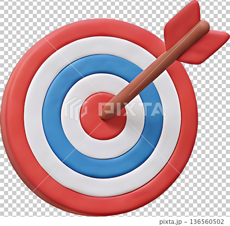 一支箭射中靶心的3D插圖，象徵目標的實現與成功。 136560502
