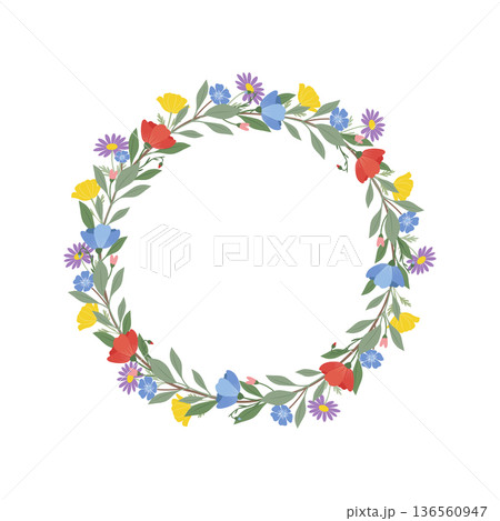 Beautiful floral wreath with colorful wildflowers and green leaves on a white background 136560947