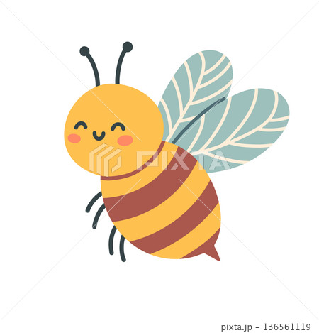 Simple cute little bee isolated on white background. Cute flat vector illustration in childish style. Simple happy bee, perfect for spring themes, nursery decor, stickers, planners, card, eco branding 136561119
