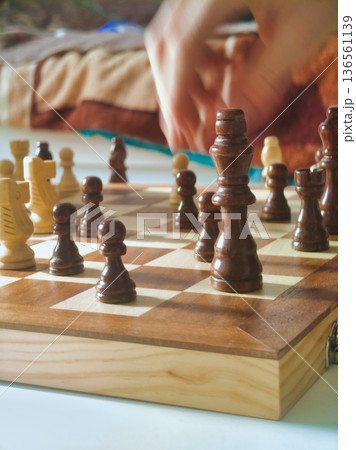 Budapest Interior Lifestyle Chess Game with Motion Blur Hand Moving Piece on Wooden Board under Bright Morning Light Residential Home Strategy Hungary Zuglo District View 136561139