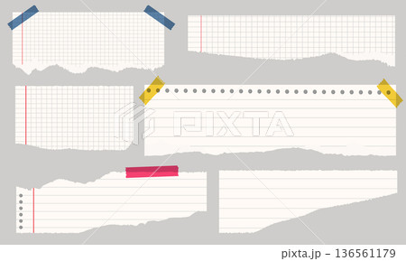 Torn white notebook and squared paper note collection with colorful adhesive tape 136561179