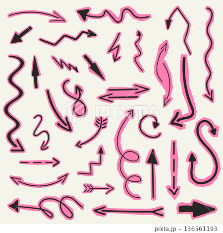 Collection of various hand drawn doodle arrows. Cutout torn paper collage style for scrapbooking. 136561193