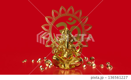 Golden Ganesha with Om Symbol on Red 3d render. Golden Ganesha with Om Symbol on Red 3d render. 136561227