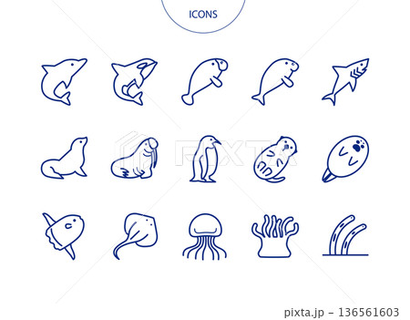 水族館の生き物 アイコン ピクトグラム ベクター イラスト セット 水族館の生き物 アイコン ピクトグラム ベクター イラスト セット 136561603