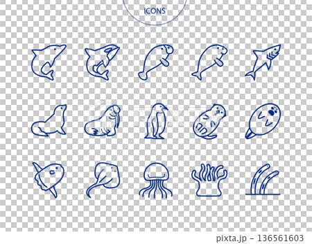 水族館の生き物 アイコン ピクトグラム ベクター イラスト セット 水族館の生き物 アイコン ピクトグラム ベクター イラスト セット 136561603