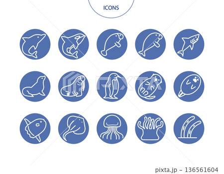 水族館の生き物　アイコン ピクトグラム　ベクター イラスト　セット 136561604