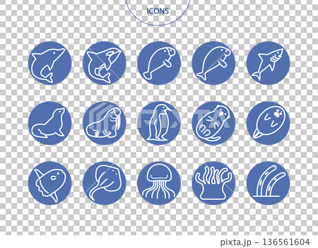 水族館の生き物　アイコン ピクトグラム　ベクター イラスト　セット 136561604