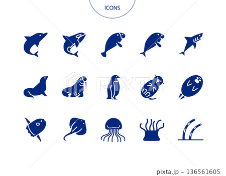 水族館の生き物　アイコン ピクトグラム　ベクター イラスト　セット 136561605