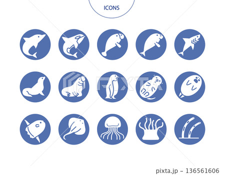 水族館の生き物　アイコン ピクトグラム　ベクター イラスト　セット 136561606