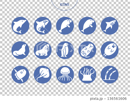 水族館の生き物　アイコン ピクトグラム　ベクター イラスト　セット 136561606