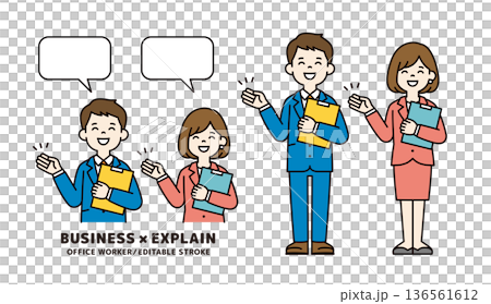 一組男女商務人士的上半身和全身向量插圖，他們手持文件，微笑著為顧客服務。 136561612