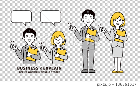 一套年輕男女商務人士上半身和全身向量插圖素材，描繪了他們為顧客遞送文件的過程。 136561617