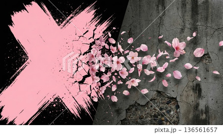 Dynamic composite of pink paint slash cracking dark concrete wall with exploding sakura flowers and petals. Dynamic composite of pink paint slash cracking dark concrete wall with exploding sakura flowers and petals. 136561657