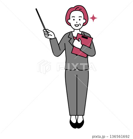 指示棒で説明する中年のスーツの女性(全身) 指示棒で説明する中年のスーツの女性(全身) 136561692