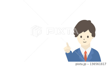 指差しするビジネスマンのイラスト（横長・青スーツ） 136561817