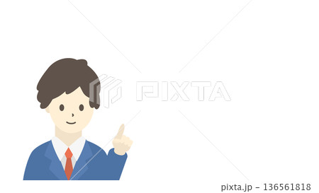 指差しするビジネスマンのイラスト（横長・青スーツ） 136561818