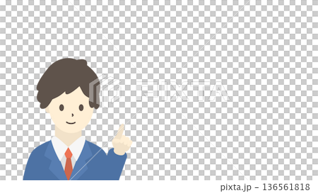 指差しするビジネスマンのイラスト（横長・青スーツ） 136561818