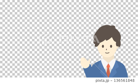 案内するビジネスマンのイラスト(横長・青スーツ) 案内するビジネスマンのイラスト(横長・青スーツ) 136561848