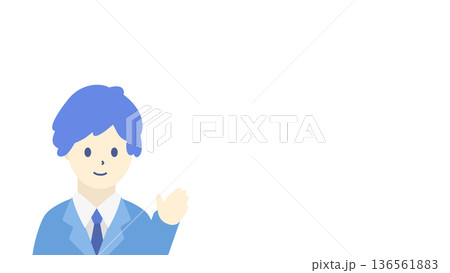 案内するビジネスマンのイラスト（横長・水色スーツ） 136561883