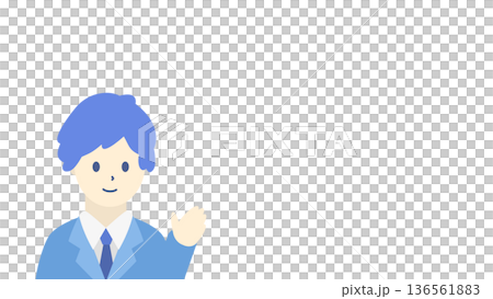 案内するビジネスマンのイラスト（横長・水色スーツ） 136561883