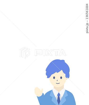 案内するビジネスマンのイラスト（縦長・水色スーツ） 136561884