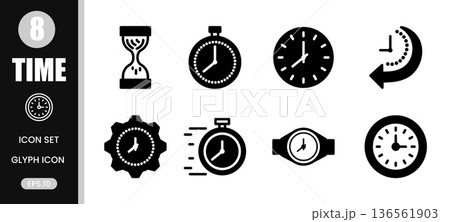 Solid glyph time icon set including clock, stopwatch, timer, smartwatch and hourglass. Bold style for web and mobile interface. 136561903