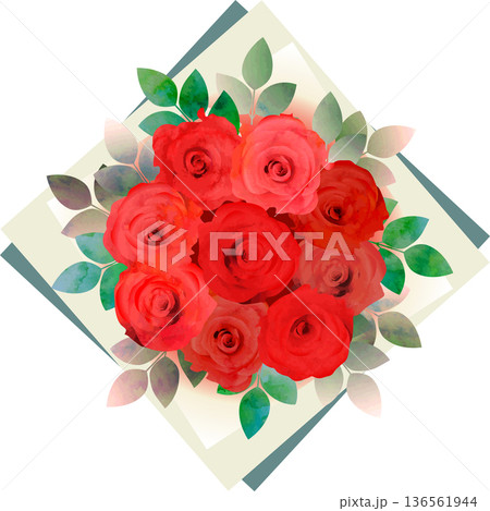 赤いバラの花束・ペーパー緑系 136561944