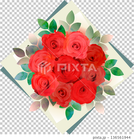 赤いバラの花束・ペーパー緑系 136561944