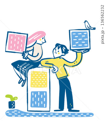 価値観を手に未来を語り合う男女。自律的な対話と相互理解のイラスト(パーソナル・リビルドシリーズ) 価値観を手に未来を語り合う男女。自律的な対話と相互理解のイラスト(パーソナル・リビルドシリーズ) 136562232