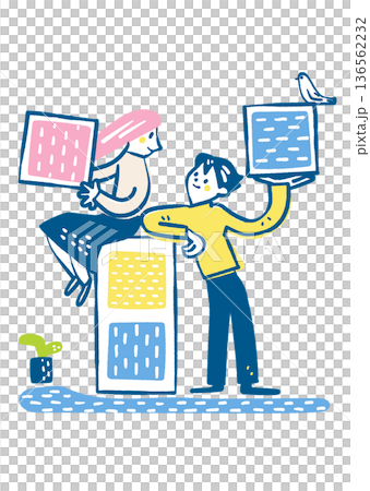 一對男女手持價值觀，探討著他們的未來。這是自主對話和相互理解的象徵（個人重建系列）。 136562232