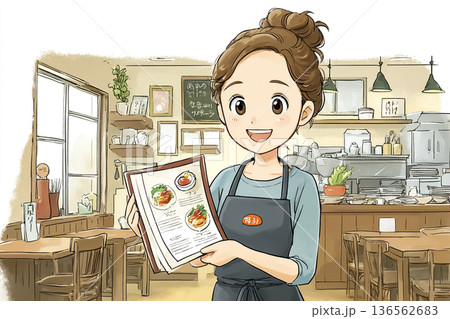 飲食店でメニューを持ち案内する女性スタッフ（レストラン接客・店内風景） 136562683