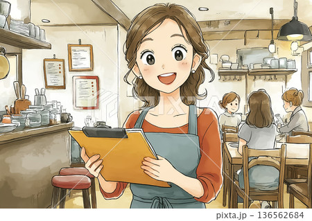 注文内容を確認するレストラン女性スタッフ（クリップボード・接客業） 136562684