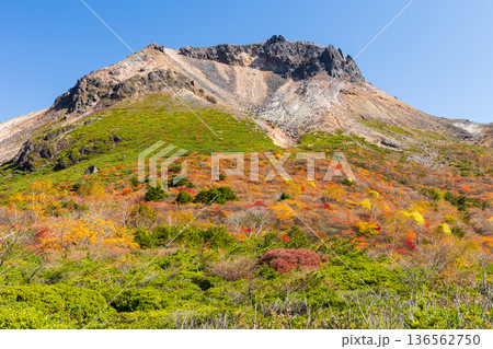 秋の栃木県那須町　日本百名山　紅葉の那須岳（茶臼岳）　姥ヶ平 136562750