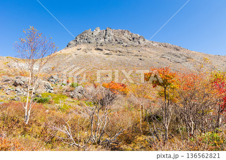 秋の栃木県那須町　日本百名山　紅葉の那須岳（茶臼岳）　 136562821