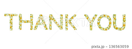 押し花アートのTHANK YOU文字素材｜黄色と白の花で作る感謝メッセージデザイン（ボタニカル・ナチ 136563059