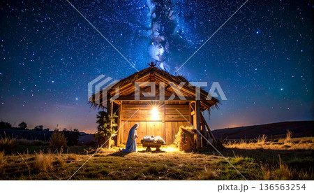 Cozy Wooden Cabin Under Starry Night Sky 136563254