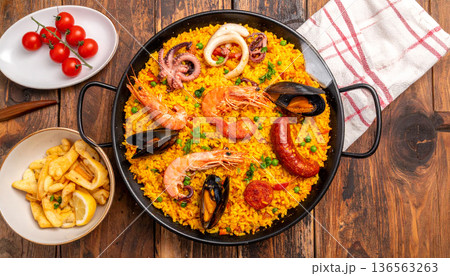 Spanish Paella Seafood Dish Flat Lay Spanish Paella Seafood Dish Flat Lay 136563263