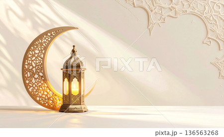 Ramadan Lantern with Crescent Moon on Soft Background Ramadan Lantern with Crescent Moon on Soft Background 136563268
