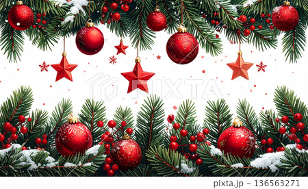 Christmas Decoration Border with Red Ornaments 136563271