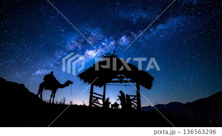 Night Nativity Scene Under Starry Sky 136563296