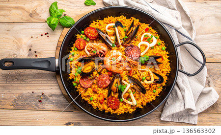 Spanish Paella Seafood Dish Flat Lay 136563302