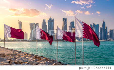 Doha Skyline with Qatar Flag on Boat 136563414
