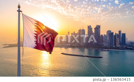 Doha Skyline with Qatar Flag on Boat 136563415